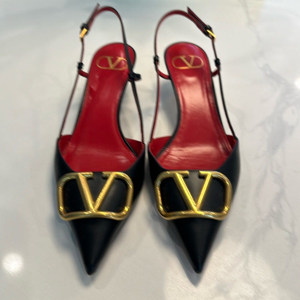 Valentino Garavani Black and Red Heels with Gold Detail